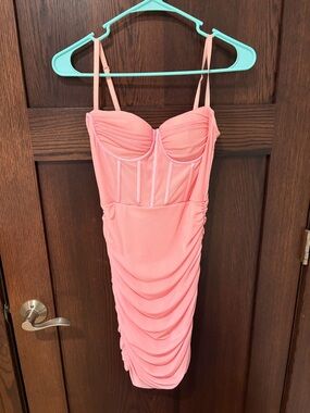Ruched Coral Bodycon Dress with Bustier Detail